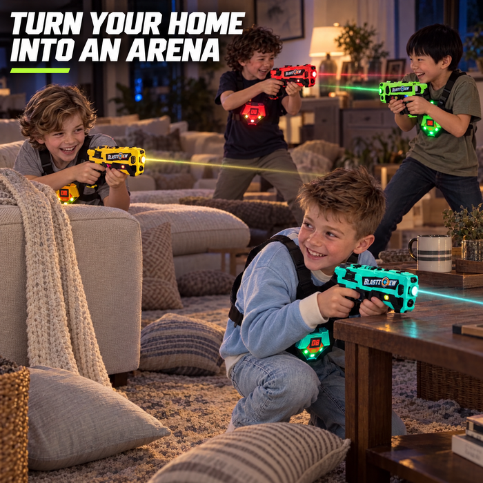 Kids playing BlastCrew laser tag in the living room