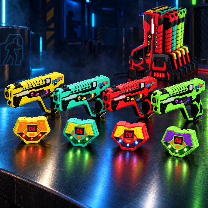BlastCrew 4-player laser tag set with 4 blasters, 4 chest sensors and charging station
