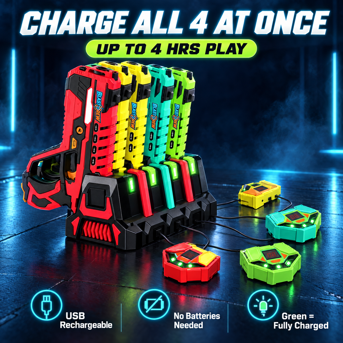 BlastCrew charging station charges all 4 blasters at once