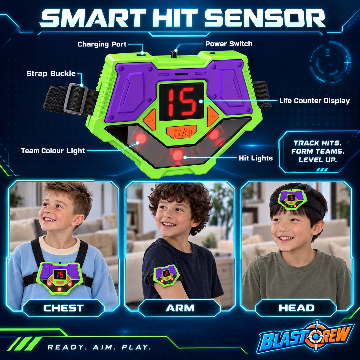 BlastCrew smart hit sensor worn on chest, arm or head