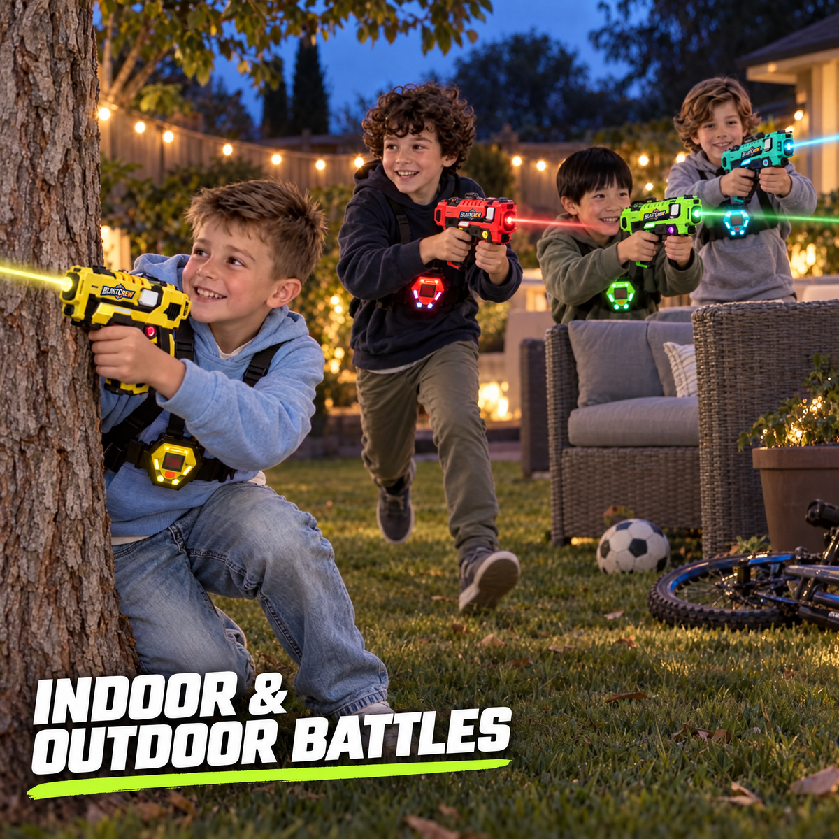 Kids playing BlastCrew laser tag outdoors in the backyard