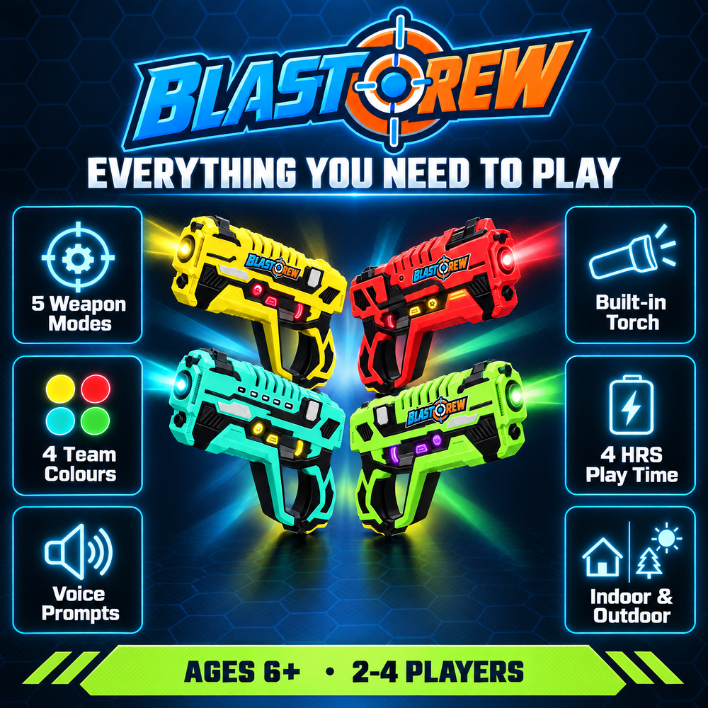 BlastCrew features: 5 weapon modes, 4 team colours, voice prompts, torch, 4 hrs play